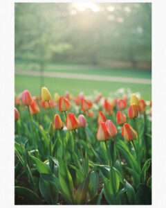 a field of tulips with the sun shining through
