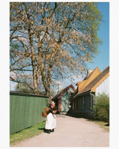 a woman holding a basket and standing on a path near houses