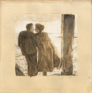 a couple standing next to a pillar