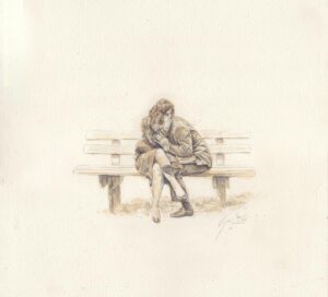 a drawing of a woman sitting on a bench
