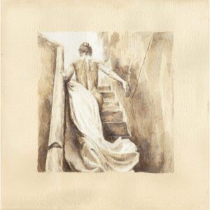 a drawing of a woman on a staircase