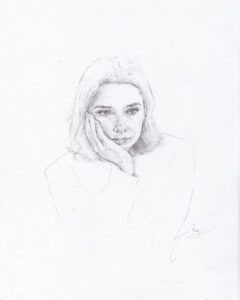 a drawing of a woman with her hand on her face