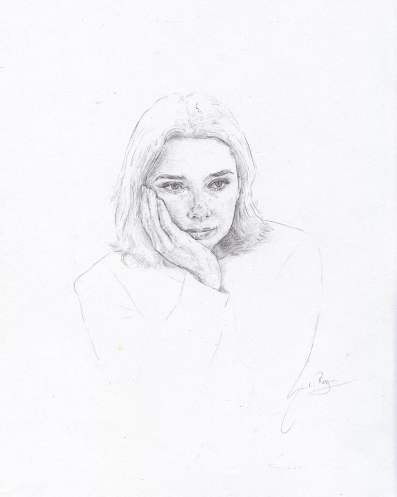 a drawing of a woman with her hand on her face