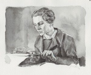 a woman holding a plate with a brush