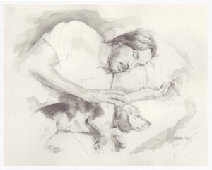 a drawing of a man sleeping with a dog
