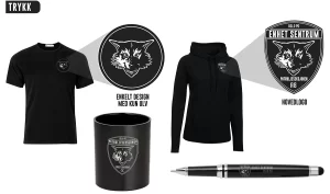 a black shirt with a logo and a pen